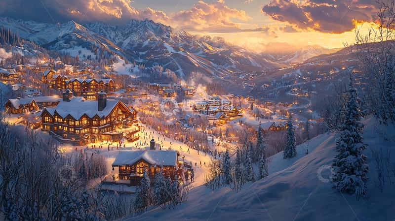 高清大图下载【趣麦麦图】雪山小镇夜景