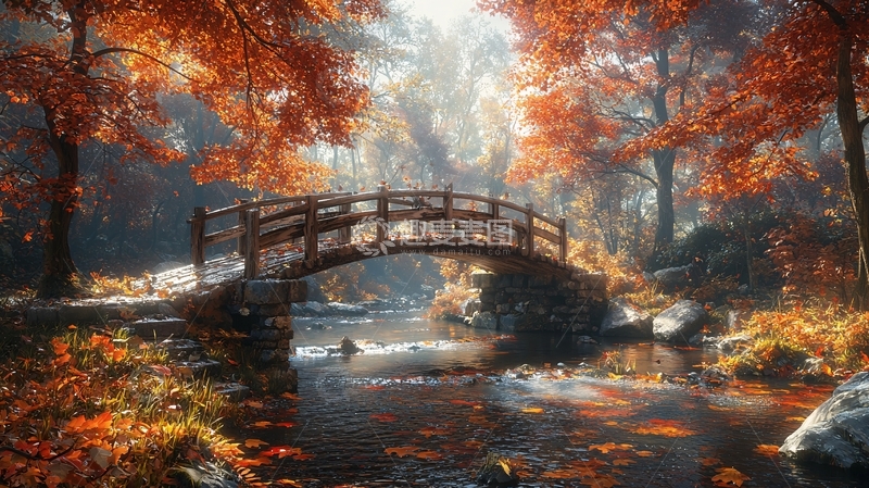 高清大图下载【趣麦麦图】秋日森林小桥流水
