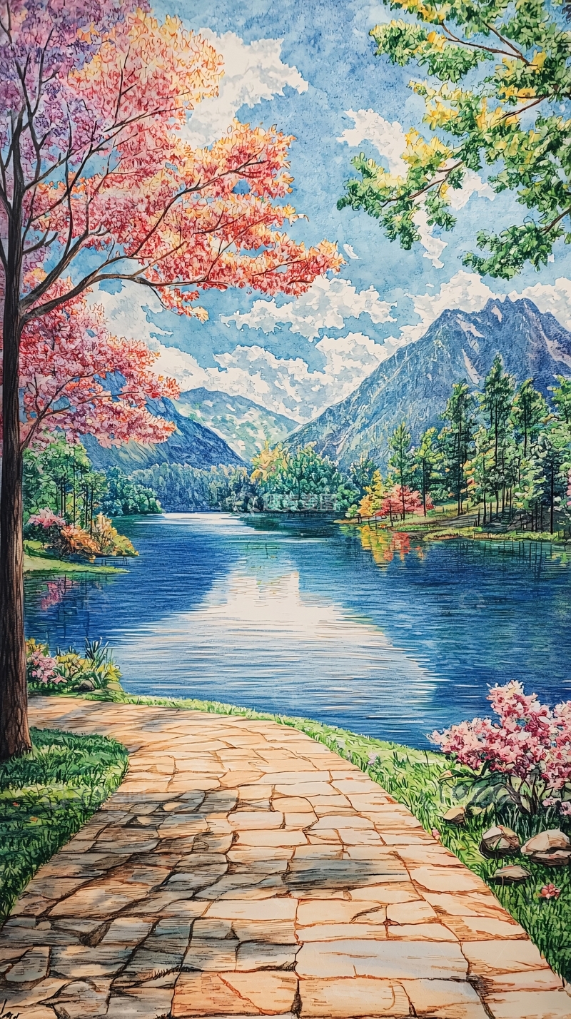 高清大图下载【趣麦麦图】春意盎然的湖边小路