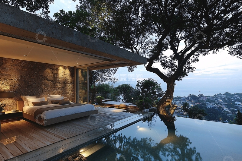 高清大图下载【趣麦麦图】山景泳池别墅卧室夜景