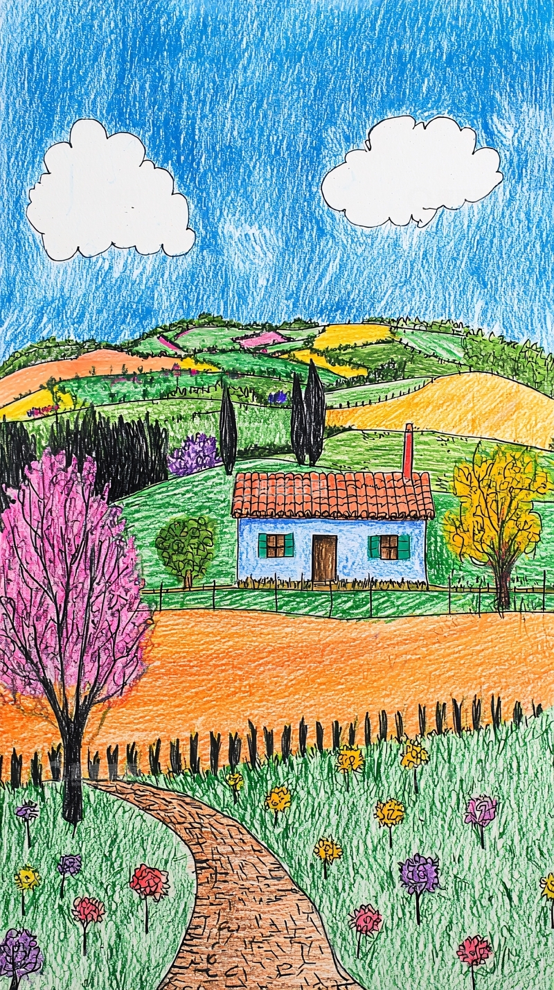 高清大图下载【趣麦麦图】彩色田园风光小屋