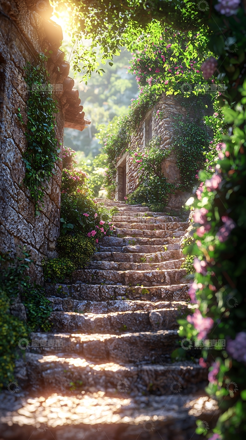 高清大图下载【趣麦麦图】阳光洒满石阶小路