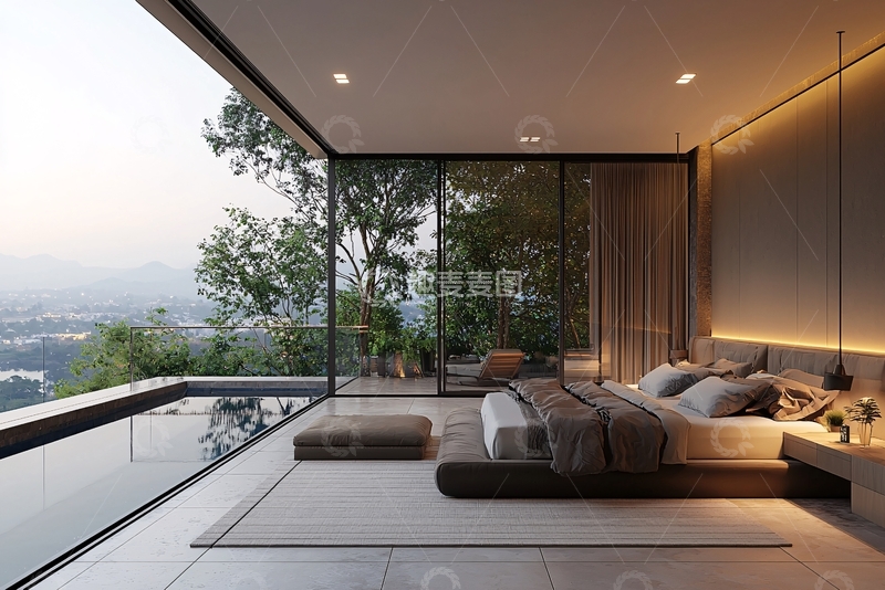 高清大图下载【趣麦麦图】极简现代落地窗卧室