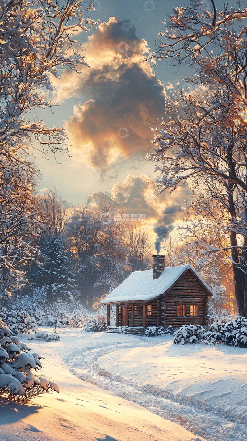 高清大图下载【趣麦麦图】冬日雪景木屋