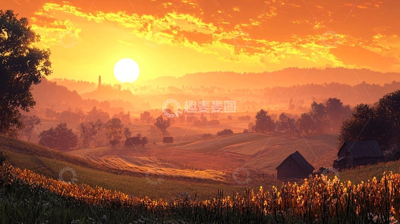 高清大图下载【趣麦麦图】金色夕阳下的乡村田园