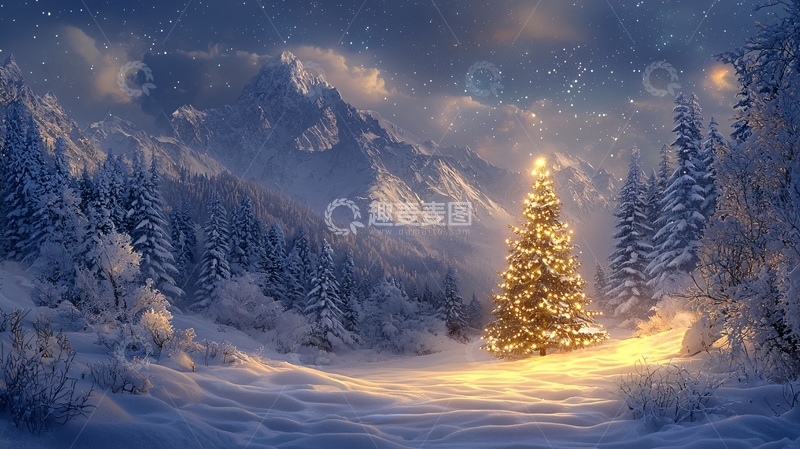 高清大图下载【趣麦麦图】雪山圣诞树夜景