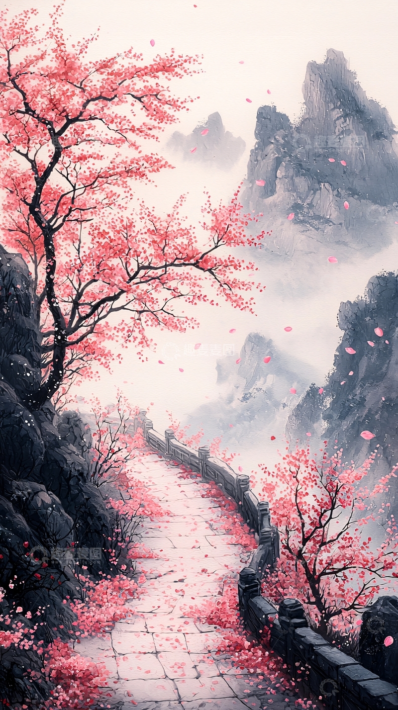 高清大图下载【趣麦麦图】唯美意境樱花山路