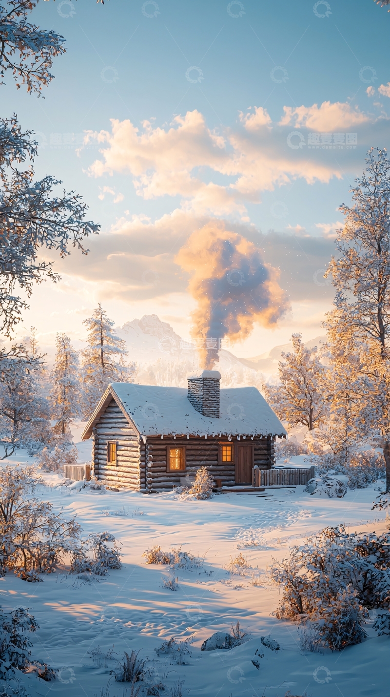 高清大图下载【趣麦麦图】雪山木屋清晨景色