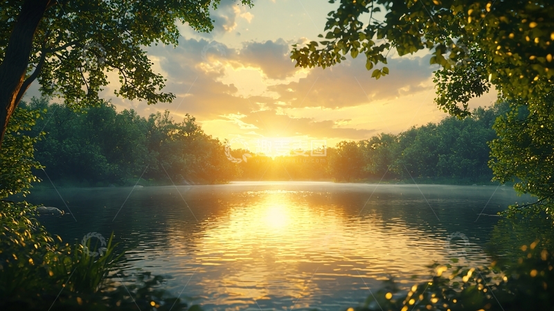 高清大图下载【趣麦麦图】树林湖泊日落黄昏