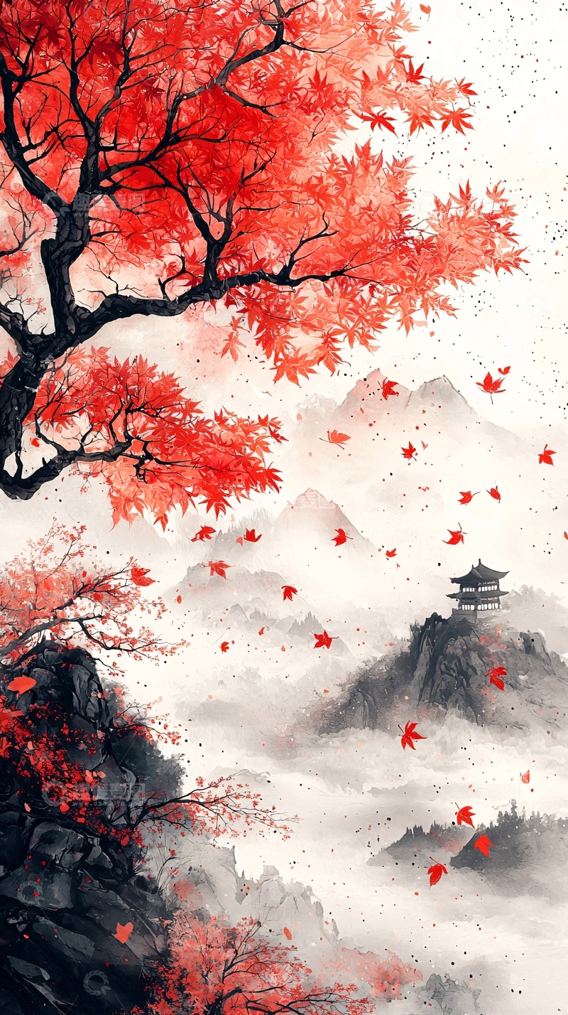高清大图下载【趣麦麦图】红叶秋景水墨画