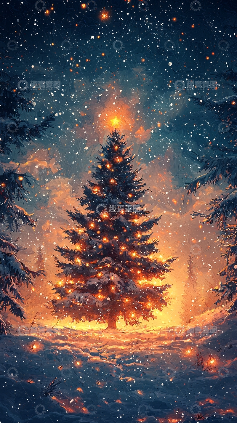 高清大图下载【趣麦麦图】雪夜圣诞树