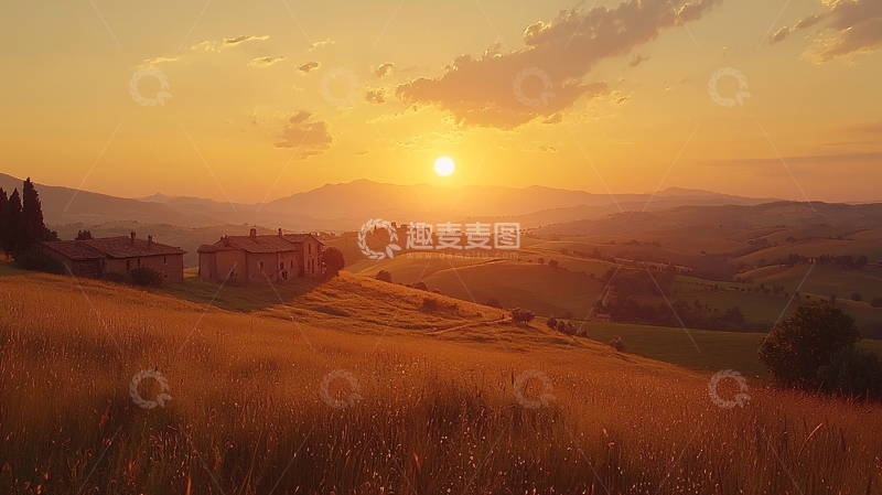 高清大图下载【趣麦麦图】夕阳下的意大利乡村风景