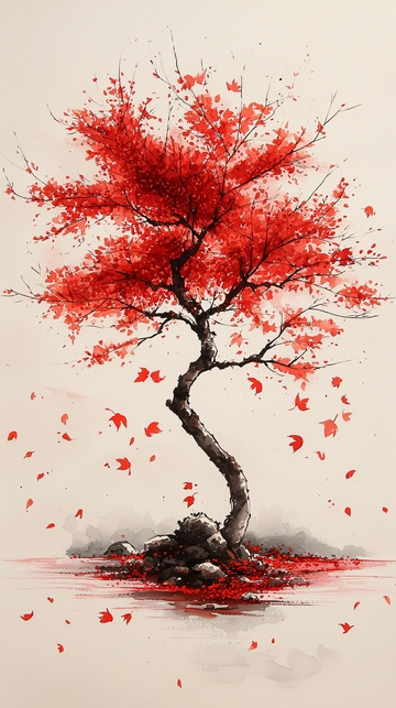 水墨红枫树