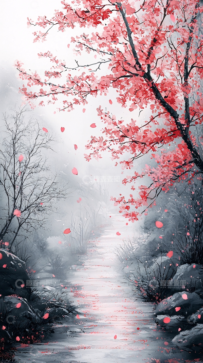 高清大图下载【趣麦麦图】水墨画风格粉色樱花树