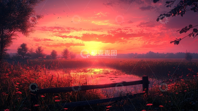 高清大图下载【趣麦麦图】红日西下田园风光