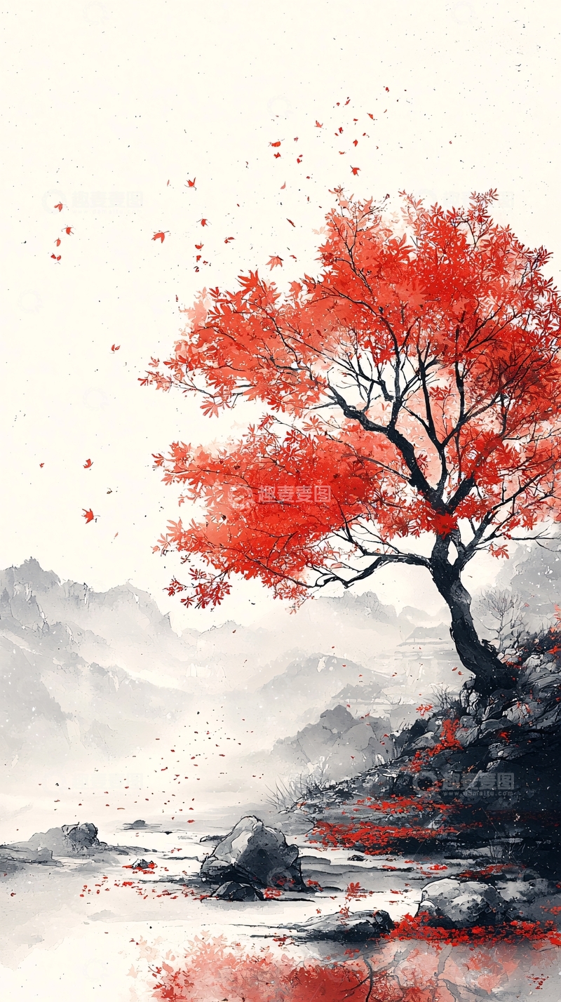 高清大图下载【趣麦麦图】水墨红枫树
