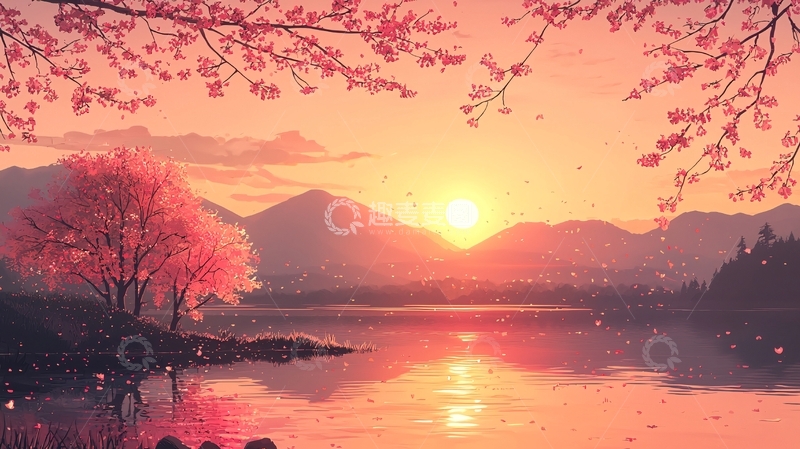 高清大图下载【趣麦麦图】唯美日落樱花湖景