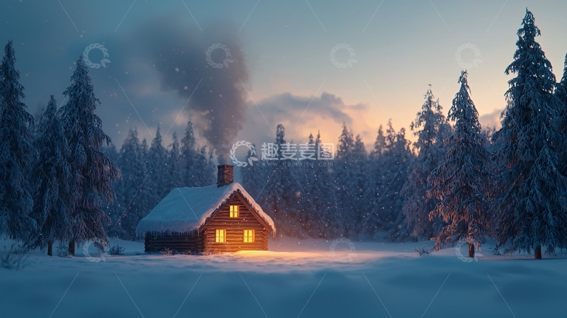 高清大图下载【趣麦麦图】雪夜森林小屋