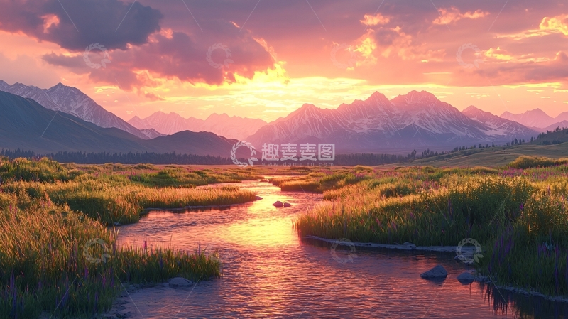 高清大图下载【趣麦麦图】落日余晖下的山川河流