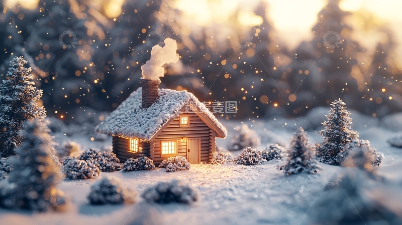 高清大图下载【趣麦麦图】雪地里的木屋