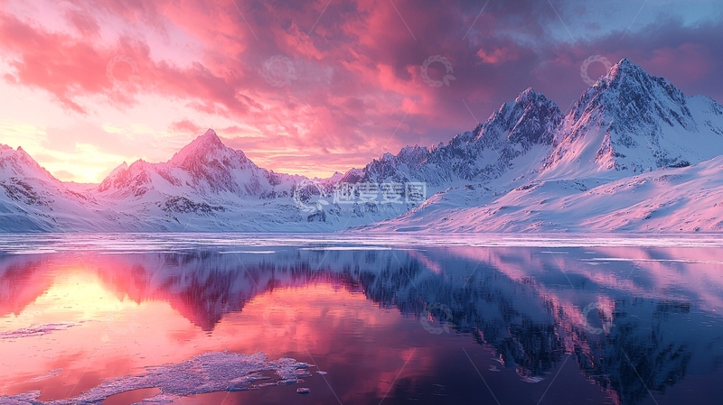 高清大图下载【趣麦麦图】粉色雪山日出倒影