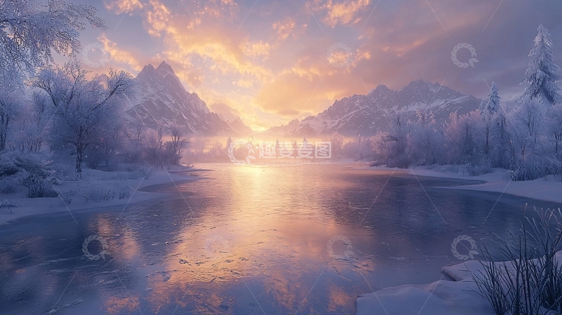 高清大图下载【趣麦麦图】冰雪湖泊日落雪山