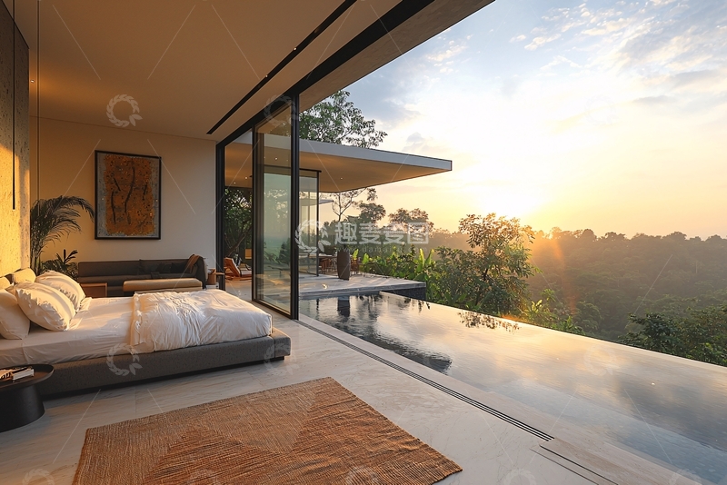 高清大图下载【趣麦麦图】极简风格卧室无边泳池日出