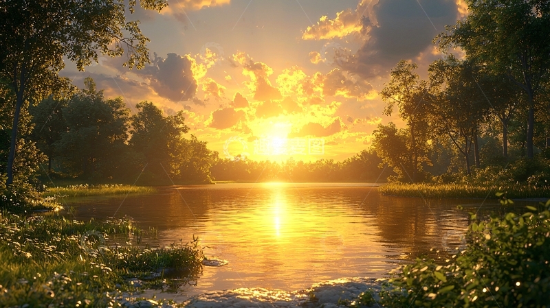 高清大图下载【趣麦麦图】夕阳西下湖边美景