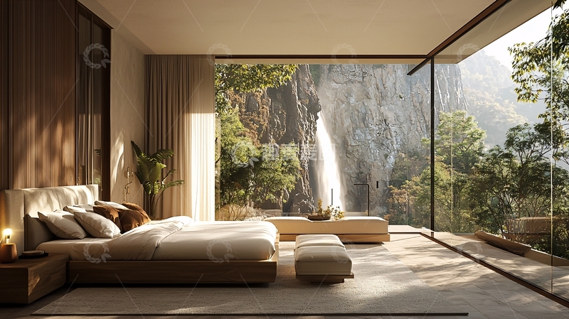 高清大图下载【趣麦麦图】极简风格卧室瀑布景观