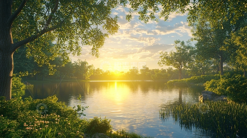 高清大图下载【趣麦麦图】树林湖泊日落美景