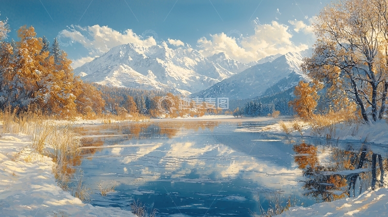 高清大图下载【趣麦麦图】雪山湖泊冬季风景