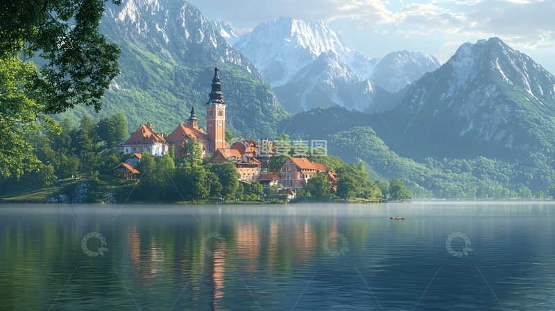 高清大图下载【趣麦麦图】山峦环抱的湖边小镇