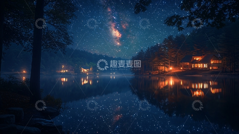 高清大图下载【趣麦麦图】星空湖边小屋