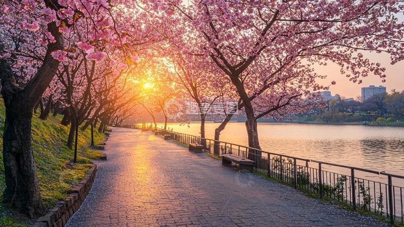 高清大图下载【趣麦麦图】日落樱花树下小路