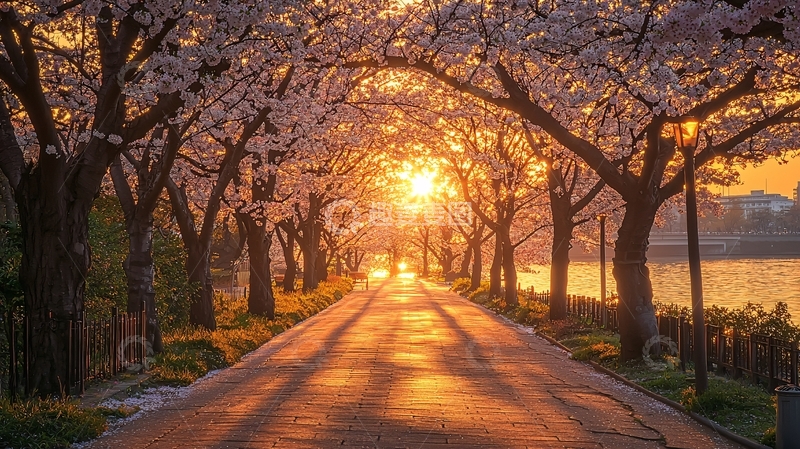 高清大图下载【趣麦麦图】樱花树隧道日落