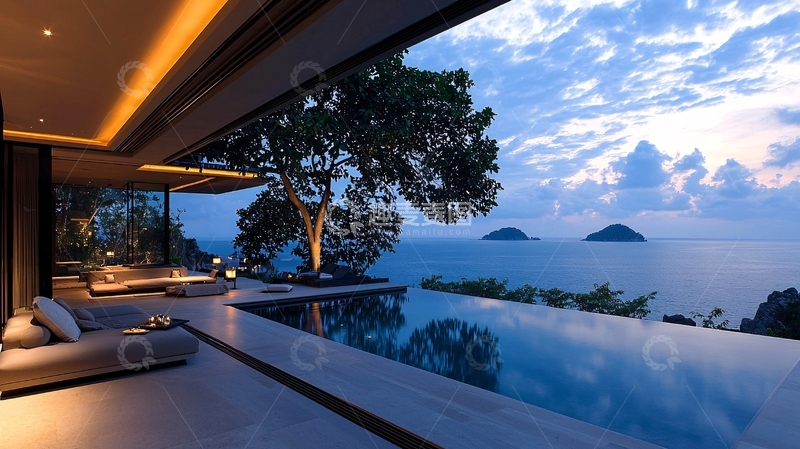 高清大图下载【趣麦麦图】海景别墅泳池夜景