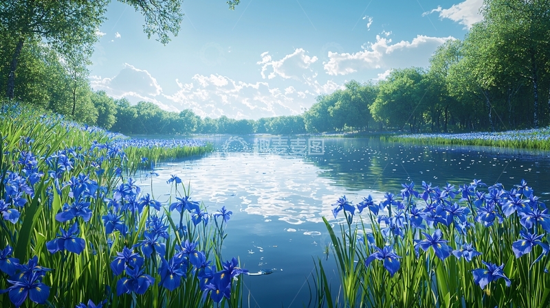 蓝花鸢尾湖边美景