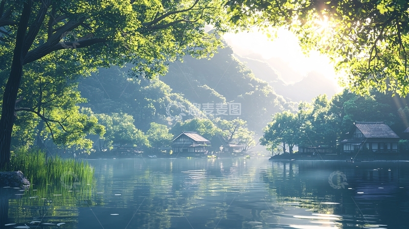 高清大图下载【趣麦麦图】清晨阳光下的湖边小屋