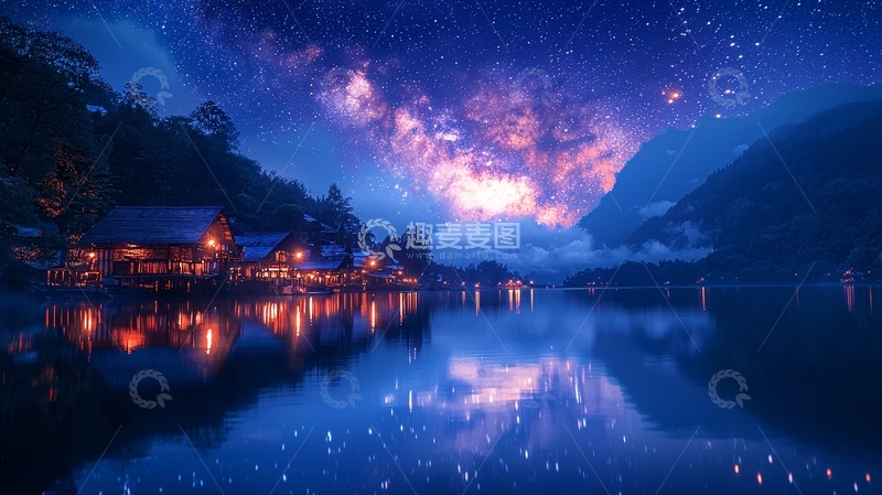 高清大图下载【趣麦麦图】星空下的湖边小屋