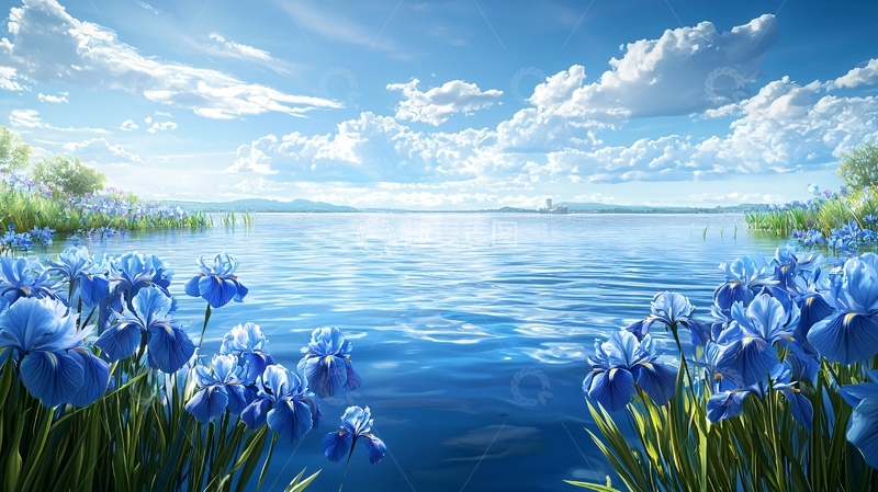 蓝天白云下的鸢尾花湖景
