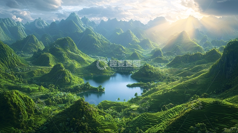 高清大图下载【趣麦麦图】阳光洒在绿意盎然的群山