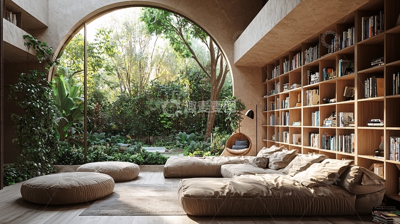 高清大图下载【趣麦麦图】拱形落地窗的自然光线充足书房