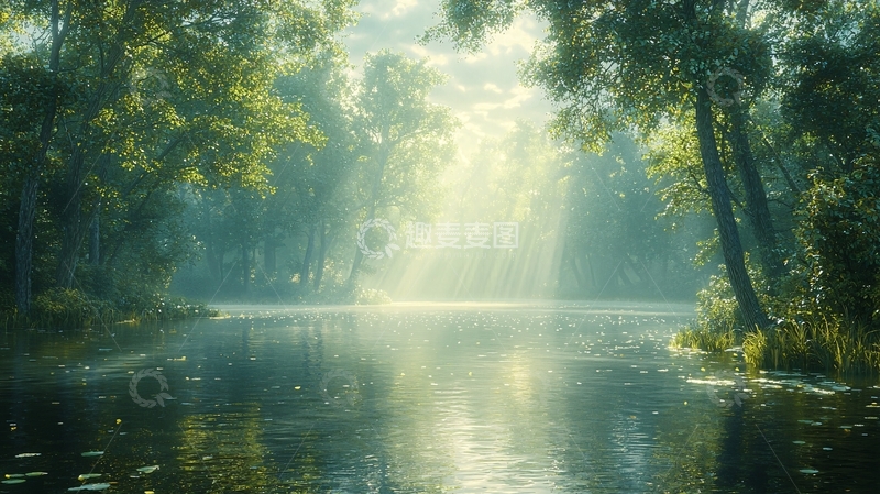 高清大图下载【趣麦麦图】阳光透过树林照射在河面