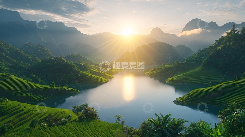 高清大图下载【趣麦麦图】日出山峦湖泊梯田