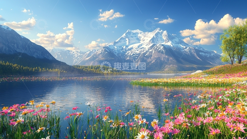 高清大图下载【趣麦麦图】雪山湖泊鲜花盛开