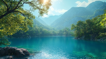 阳光下的碧绿山谷湖泊