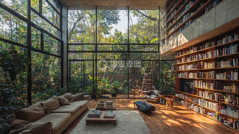 高清大图下载【趣麦麦图】落地窗图书馆客厅