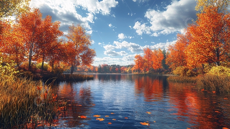 高清大图下载【趣麦麦图】秋日湖边红叶树林