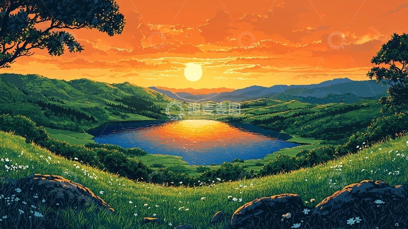 高清大图下载【趣麦麦图】夕阳西下湖光山色