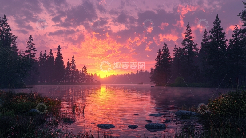 高清大图下载【趣麦麦图】日落湖景森林剪影